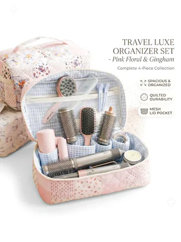 Quilted Makeup Bag Large Capacity Travel Toiletry Organizer Portable Storage Bag for Hair Styling Tools and Cosmetics