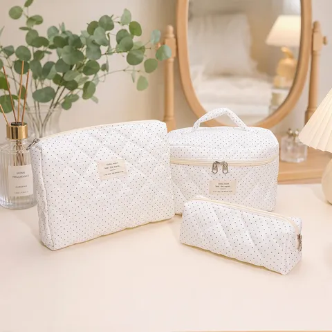 Portable Quilted Cotton Cosmetic Bag Cute Polka Dot Wash Bag Lightweight Travel Toiletry Organizer Handbag For Women