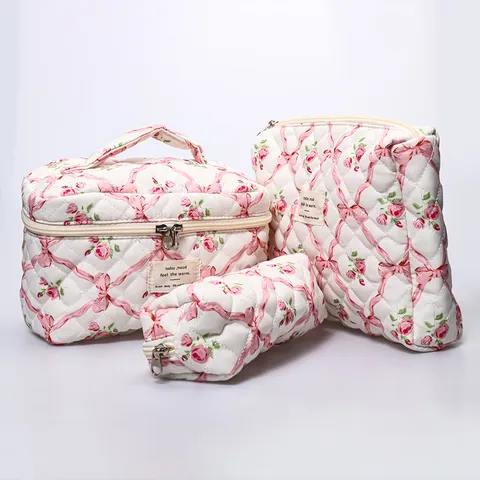 Large Capacity Quilted Floral Cosmetic Bag Cute Cherry Print Travel Toiletry Organizer Handbag Makeup Pouch For Women