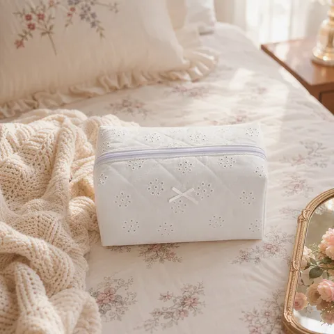 Quilted Embroidered Lace Cosmetic Bag Cotton Travel Portable Makeup Pouch Toiletry Organizer