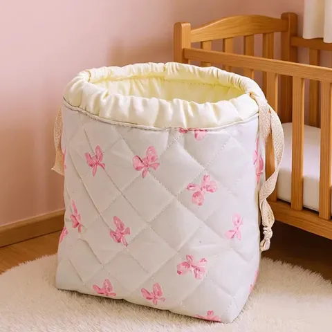 Quilted Cosmetic Bag Large Capacity Portable Travel Toiletry Pouch Drawstring Storage Bag With Bow Pattern For Women