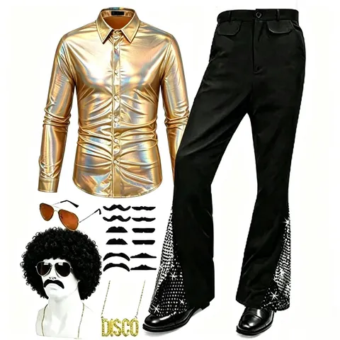 Men Retro Disco Performance Costume Metallic Shiny Top And Bottom 70s Vintage Stage Wear Sequin Bell Bottom Pants Party Outfit