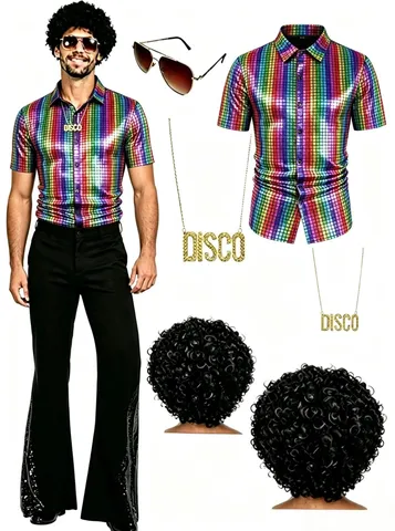 Ensemble de Costume de Performance Disco pour Hommes Chemise à Manches Courtes à Paillettes Pantalon à Pattes d'éph Rétro Avec Perruque Lunettes de Soleil Collier