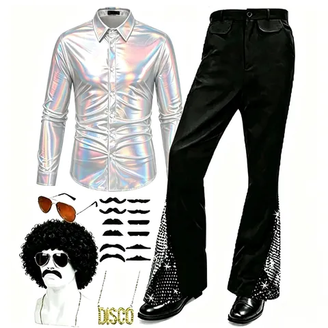 Men's Metallic Disco Costume Set Long Sleeve Shirt And Flared Pants With Accessories Retro Stage Performance Outfit