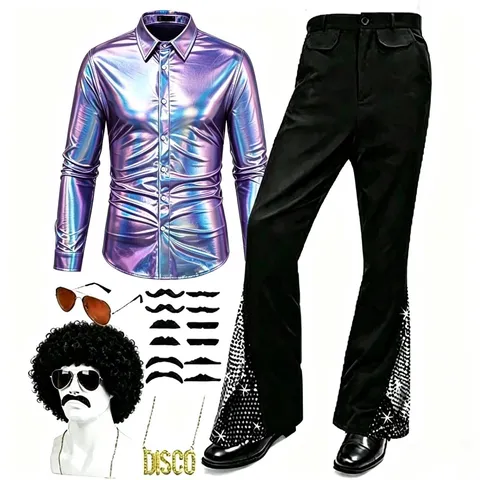 Men's Metallic Disco Costume Set Long Sleeve Shirt And Flared Pants With Accessories Retro Stage Performance Outfit