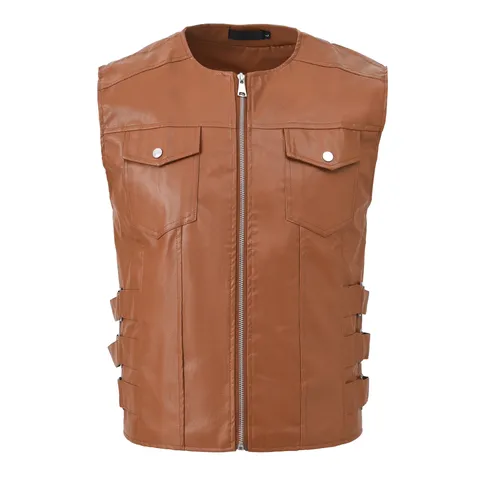 Gilet in Ecopelle Casual da Uomo Stile Coreano Monopetto Capospalla Slim Fit Senza Collo Senza Maniche
