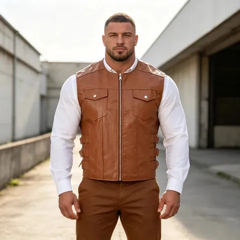 Gilet in Finta Pelle Casual da Uomo Slim Fit Monopetto Senza Collo Giacca Retro Moto Streetwear Moda Capispalla