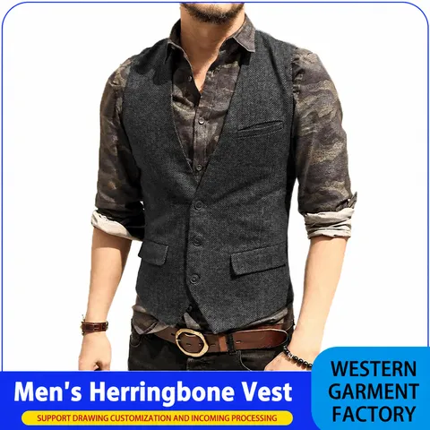Men's Casual Slim Fit Herringbone Suit Vest Single Breasted V-Neck Business Wedding Groomsman Waistcoat