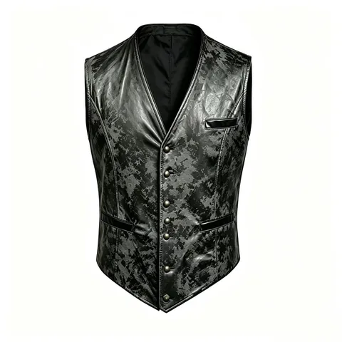 Men Vintage Slim Fit V-Neck Single-Breasted Vest Retro Distressed PU Leather Waistcoat Casual Business Outwear
