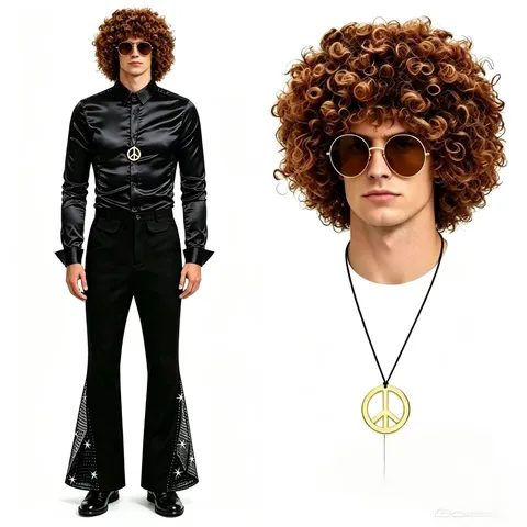 Men Vintage Disco Costume Retro Long Sleeve Satin Shirt Flared Pants Outfit Set Party Cosplay Stage Performance Clothing