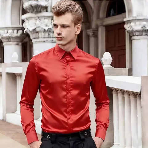 Men's Casual Long Sleeve Shirt Satin Gloss Turn Down Collar Single Breasted Cardigan Loose Fit Fashion Nightclub Top