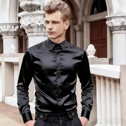 Men's Casual Long Sleeve Shirt Satin Gloss Turn Down Collar Single Breasted Cardigan Loose Fit Fashion Nightclub Top