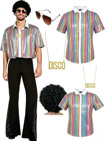 Men's Disco Costume Set Rainbow Plaid Sequin Shirt Flared Pants Retro Stage Performance Outfit With Afro Wig Sunglasses Necklace