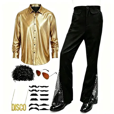 Men Retro Disco Performance Costume Metallic Long Sleeve Shirt Flared Pants Outfit Set Stage Cosplay Party Clothes