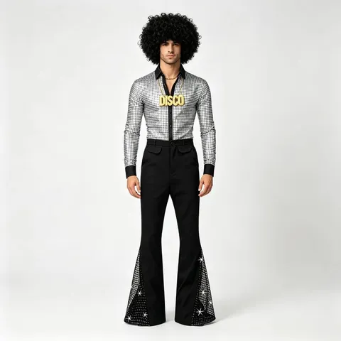 Men's Vintage Disco Sequined Long Sleeve Shirt And Flare Pants Set 70s Retro Stage Performance Costume Outfit
