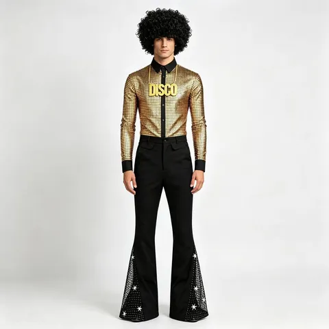 Men's Vintage Disco Sequined Long Sleeve Shirt And Flare Pants Set 70s Retro Stage Performance Costume Outfit