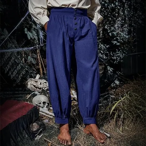 Men's Vintage Medieval Pirate Renaissance Gothic Casual Loose Pants Multi-Button Harem Trousers