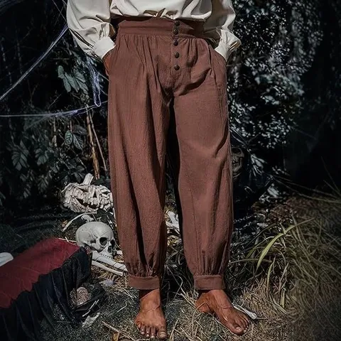 Men's Vintage Medieval Pirate Renaissance Gothic Casual Loose Pants Multi-Button Harem Trousers