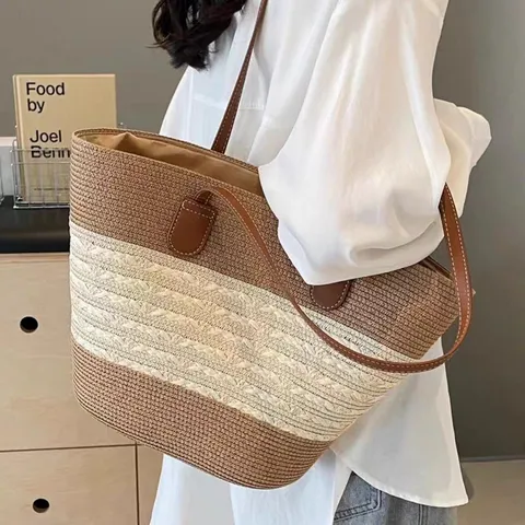 Handmade Woven Paper Straw Tote Bag Large Capacity Casual Shoulder Beach Bag Vintage Patchwork Shopper Handbag For Women