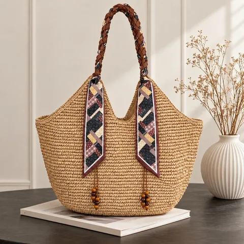 Handwoven Straw Tote Bag For Women Large Capacity Shoulder Beach Bag With Silk Scarf Wood Bead Tassel Vacation Shopping Bag