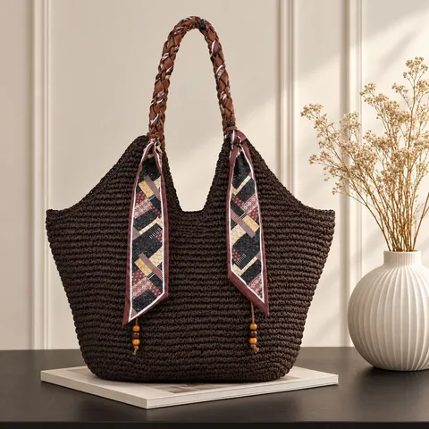 Handwoven Straw Tote Bag For Women Large Capacity Shoulder Beach Bag With Silk Scarf Wood Bead Tassel Vacation Shopping Bag