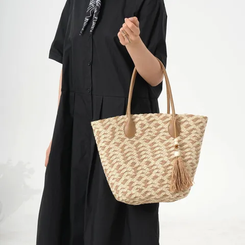 Women's Straw Woven Tote Bag Large Capacity Casual Beach Shoulder Bag Colorblock Handbag For Vacation Travel