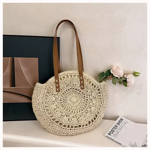 Large Capacity Straw Woven Tote Bag For Women Vintage Round Shoulder Bag Seaside Vacation Casual Beach Handbag