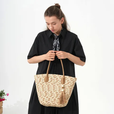 Women's Straw Woven Tote Bag Large Capacity Casual Beach Shoulder Bag Colorblock Handbag For Vacation Travel