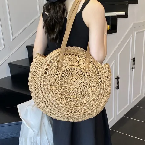 Large Capacity Straw Woven Tote Bag For Women Vintage Round Shoulder Bag Seaside Vacation Casual Beach Handbag