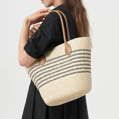 Women Summer Large Capacity Straw Woven Tote Bag Casual Vacation Striped Shoulder Handbag