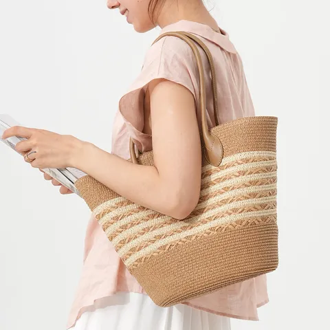 Women Summer Large Capacity Straw Woven Tote Bag Casual Vacation Striped Shoulder Handbag
