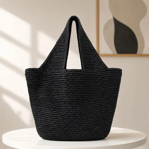 Large Capacity Handcrafted Paper Straw Tote Bag For Women Woven Casual Vacation Beach Shoulder Bag Summer Handbag