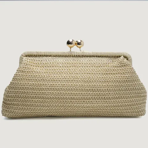 Women Woven Straw Evening Clutch Bag Elegant Kiss Lock Closure Large Capacity Vacation Beach Handbag For Summer Party