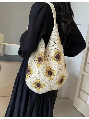 Women's Handmade Cotton Crochet Woven Tote Bag Sunflower Casual Large Capacity Beach Shoulder Bag