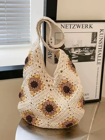 Women's Handmade Cotton Crochet Woven Tote Bag Sunflower Casual Large Capacity Beach Shoulder Bag
