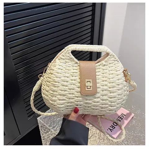 Womens Straw Woven Crossbody Bag Vintage PU Leather Lock Closure Casual Beach Vacation Fashion Shoulder Handbag