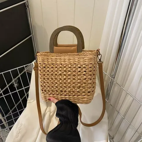 Summer Straw Woven Bag Large Capacity Beach Handbag Women Casual Travel Messenger Shoulder Bag With Wood Handle