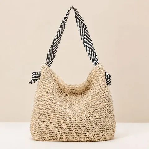 Women's Straw Woven Tote Bag Large Capacity Handcrafted Beach Handbag Casual Summer Vacation Shoulder Bag