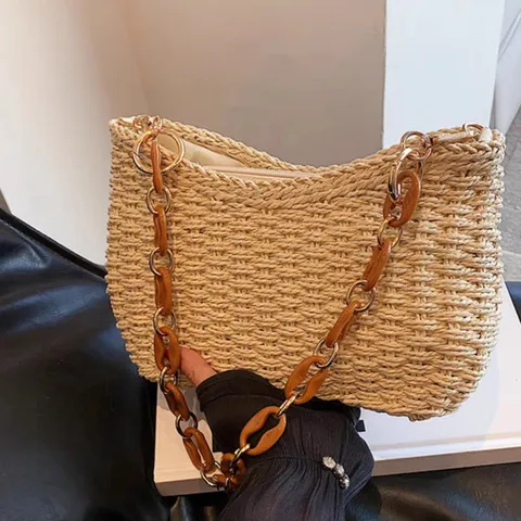 Women Straw Woven Shoulder Bag Summer Beach Vacation Tote Handbag Casual Paper Straw Purse With Resin Chain
