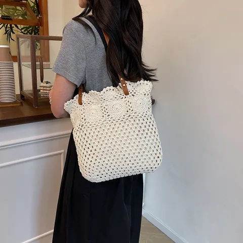 Casual Large Capacity Cotton Woven Tote Bag For Women Summer Vacation Beach Shoulder Bag With Zipper Simple Handbag