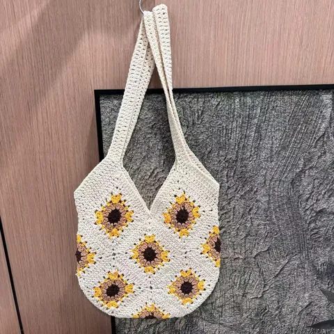 Sac Cabas en Crochet de Coton Fait Main pour Femmes Casual Tournesol Patchwork Sac à Épaule Vacances à la Plage
