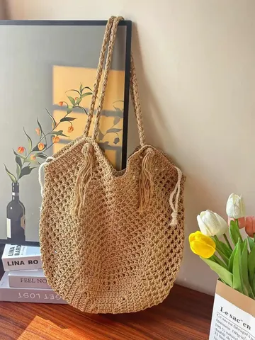 Handmade Woven Cotton Straw Tote Bag Large Capacity Vacation Beach Shoulder Bag With Tassel And Magnetic Snap Closure