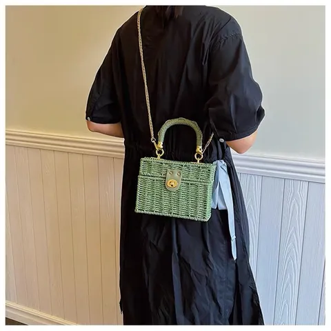 Women Fashion Straw Woven Crossbody Bag Top Handle Small Square Bag Luxury Designer Style Vacation Beach Handbag