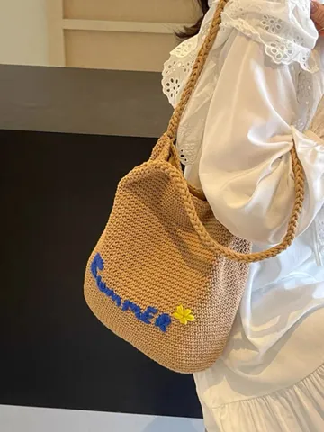 Women Canvas Woven Tote Bag Handmade Straw Beach Shoulder Bag Casual Large Capacity Letter Embroidery Handbag