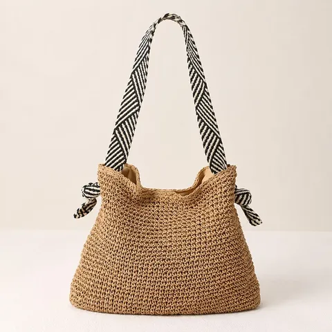 Women's Straw Woven Tote Bag Large Capacity Handcrafted Beach Handbag Casual Summer Vacation Shoulder Bag