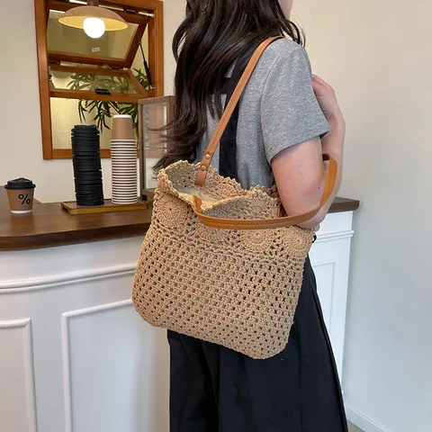 Casual Large Capacity Cotton Woven Tote Bag For Women Summer Vacation Beach Shoulder Bag With Zipper Simple Handbag