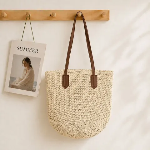 Womens Hand Woven Straw Bag Large Capacity Tote Bag Casual Beach Vacation Shoulder Bag Commuter Straw Tote