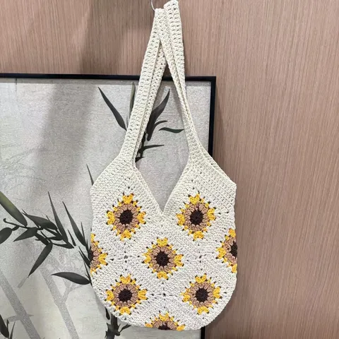 Sac Cabas en Crochet de Coton Fait Main pour Femmes Casual Tournesol Patchwork Sac à Épaule Vacances à la Plage