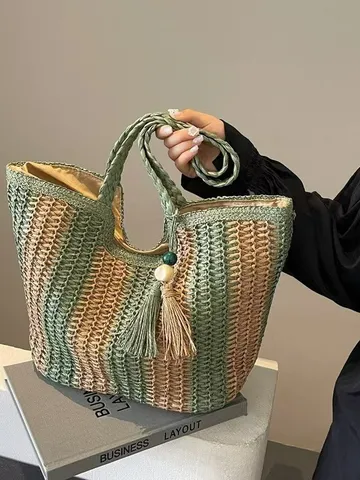 Large Capacity Women Tote Bag Casual Straw Woven Handbag Seaside Beach Vacation Bag Paper Material Striped Shoulder Bag