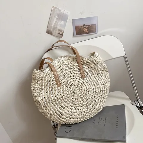 Women Round Straw Woven Tote Bag Handmade Paper Straw Beach Handbag Large Capacity Casual Vacation Shoulder Bag
